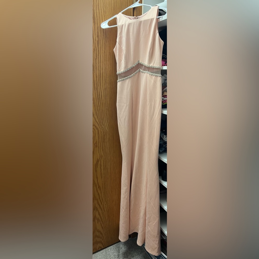 Aqua Dress Pastel Pink Formal Gown with Rhinestone Waist - Picture 3 of 6